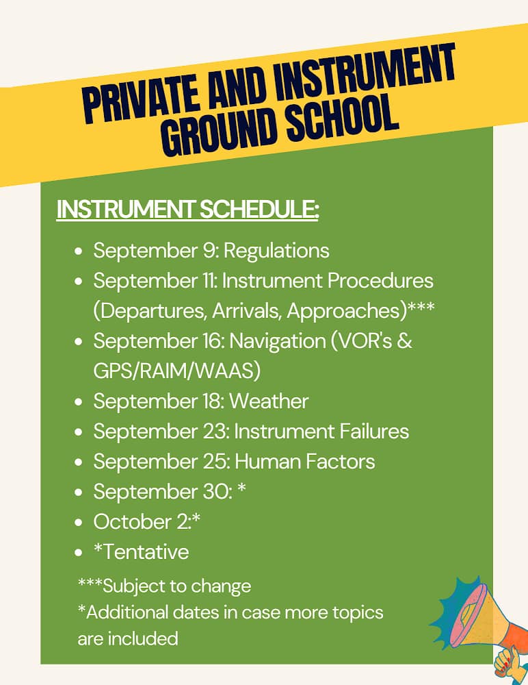 Ground school informational banner focused on Instrument Rating with a bullet point list of the schedule
