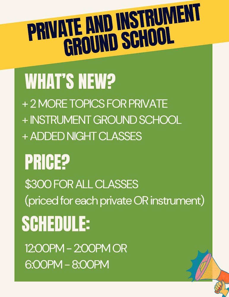 Ground school informational banner with overall information of what's new, what are the prices and what is the schedule