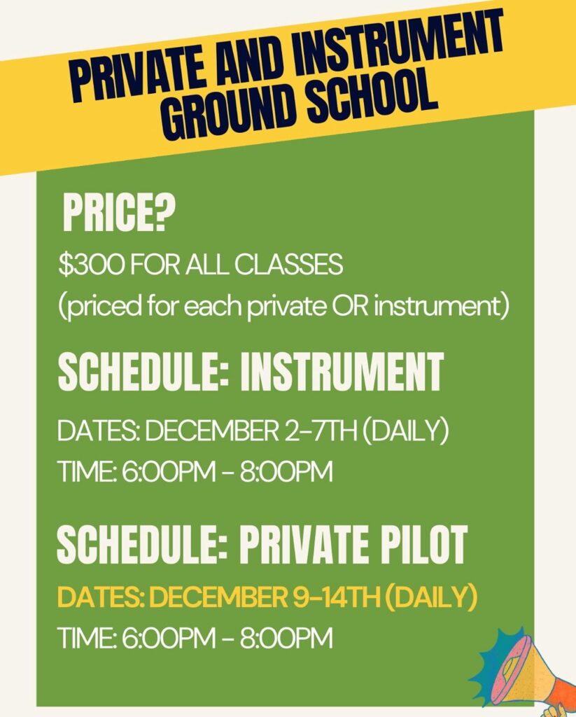 Promotional banner for VegasAviation.com showcasing an upcoming Private Pilot and Instrument Rating ground school program, featuring aviation- key details about enrollment, schedule, and preparation for aspiring pilots
