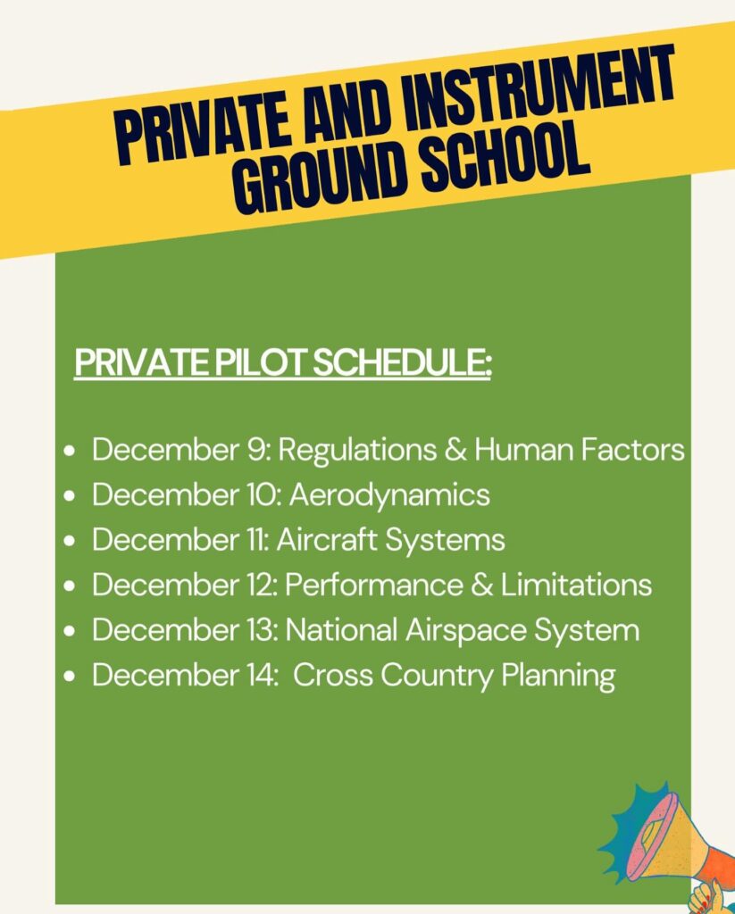 Promotional banner for VegasAviation.com showcasing an upcoming Private Pilot ground school program, featuring aviation- key details about enrollment, schedule, and preparation for aspiring pilots
