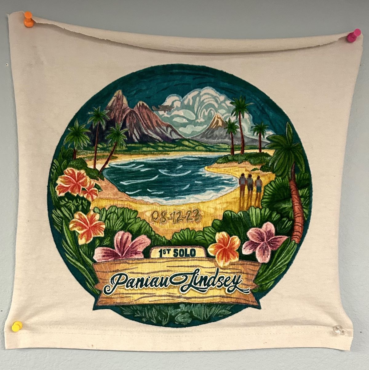 Paniau Lindsey's cut shirt with writing representing their first solo flight